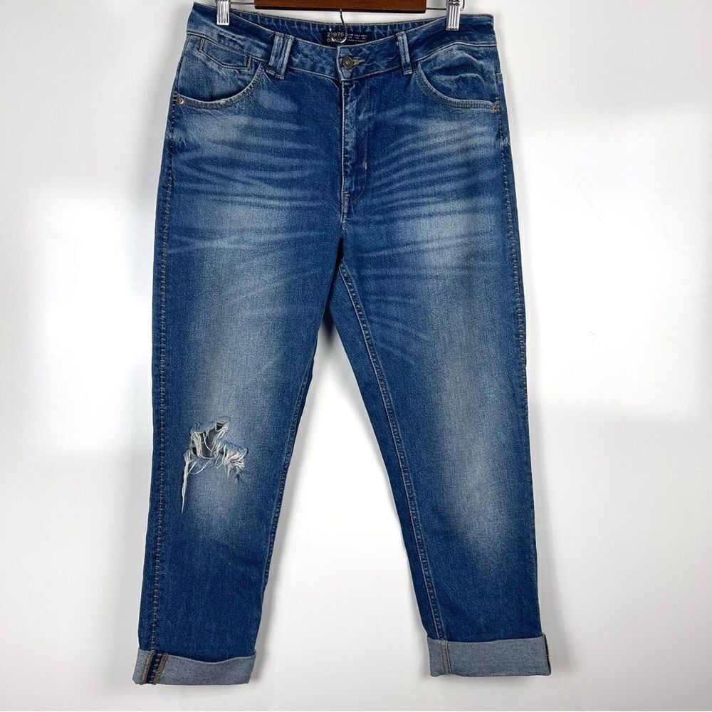 Zara Z1975 Distressed Boyfriend Jeans Cuffed Hem Size 10 Women's